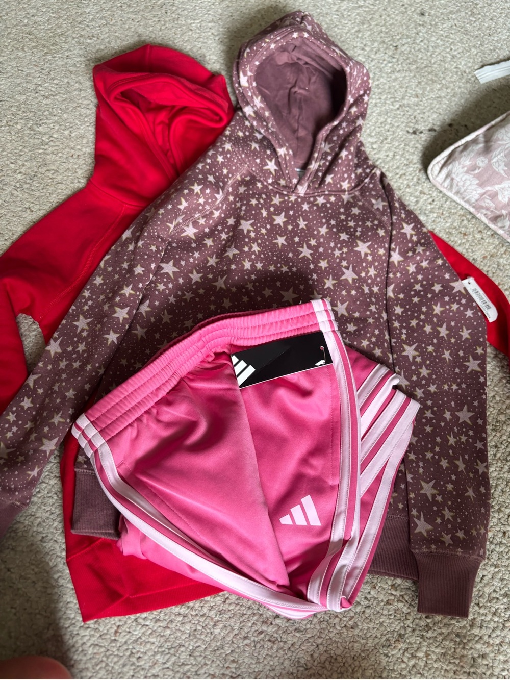 adidas Pink Athletic pants with Mauve Star Hoodie and Red Hoodie Accent